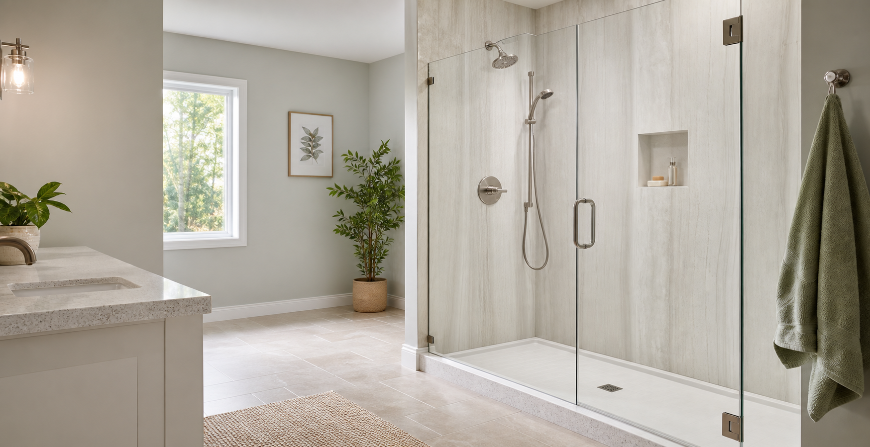 Walk-in shower design with bright wall panels and modern fixtures